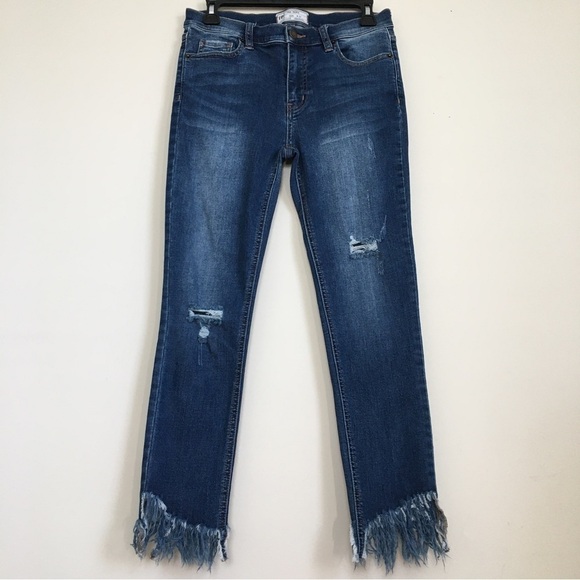 Free People Mid Rise Raw Frayed Fringe Hem Dark Wash Fringe Ankle Skinny Jeans - Picture 5 of 16